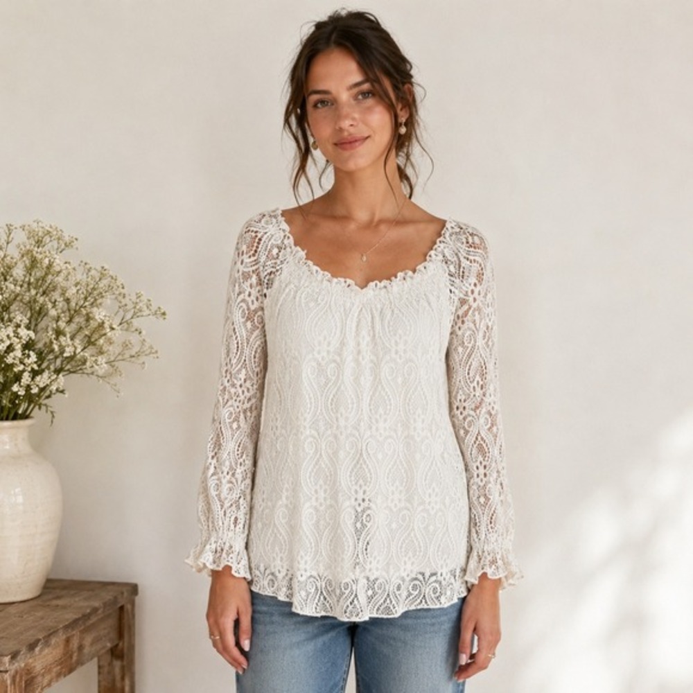 Ivory‎ Lace Peasant Tunic Top Womens Medium Boho Coastal Off Shoulder Romantic
